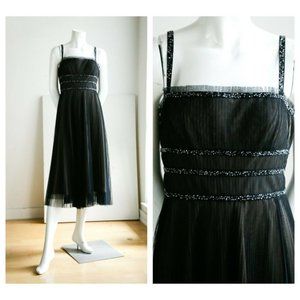 BCBG Max Azria Black Beaded Pleated Midi Cocktail Dress